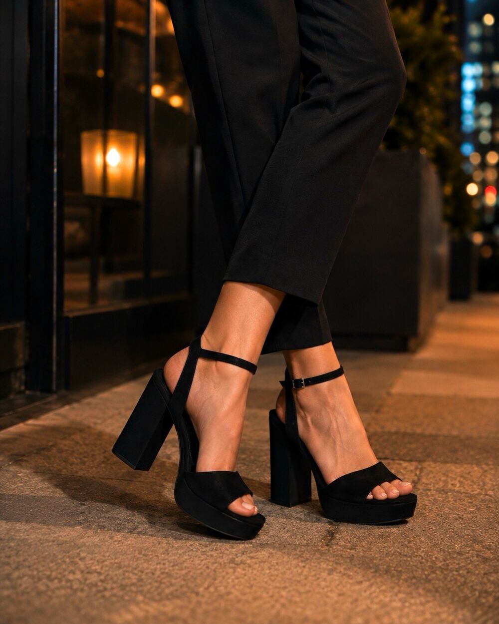 Old Navy Womens 8 Black Platform Block Heel Ankle Strap Sandals NWT Faux Suede